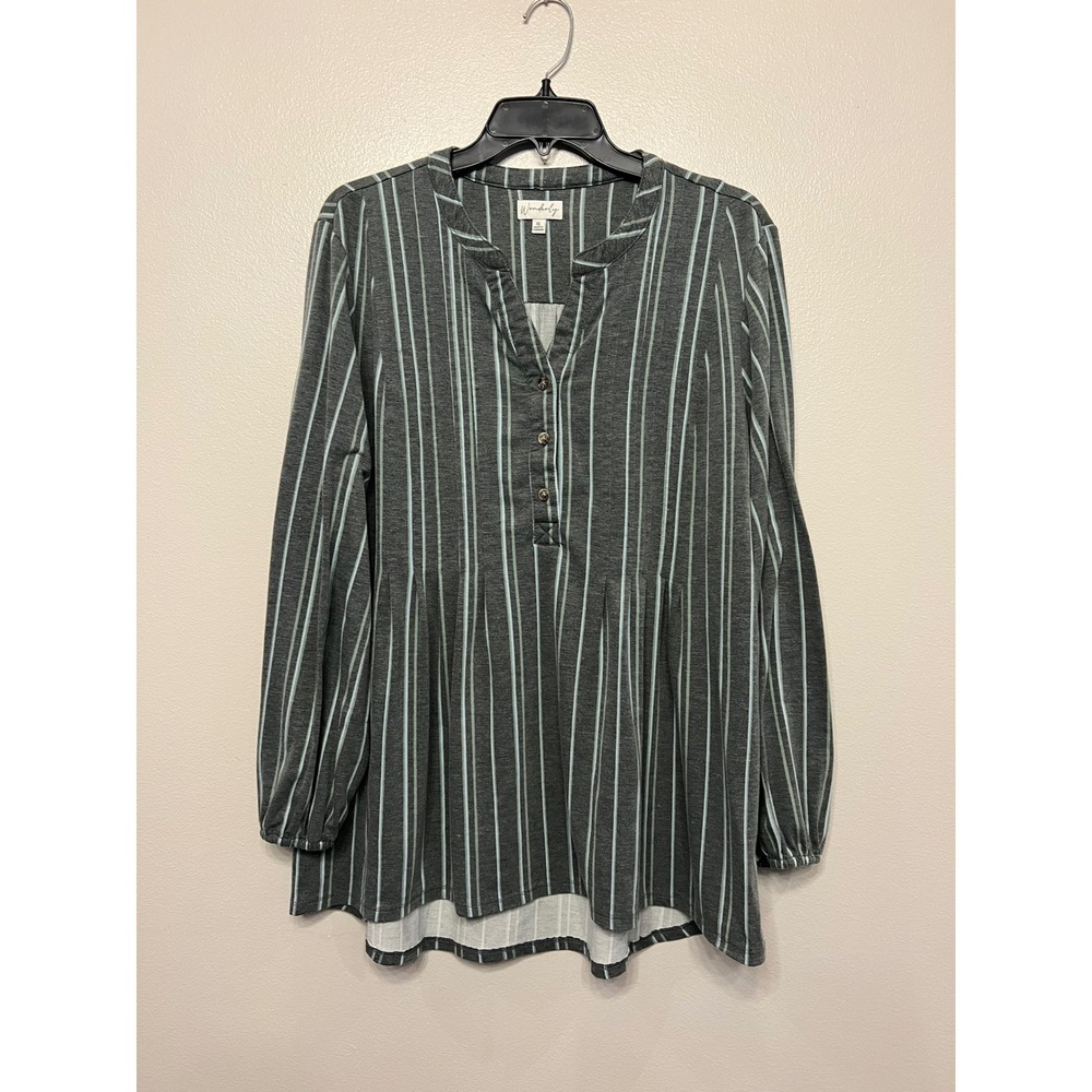 Wonderly Womens XL Grey Blue Striped Henley Tunic Blouse High Low Hem